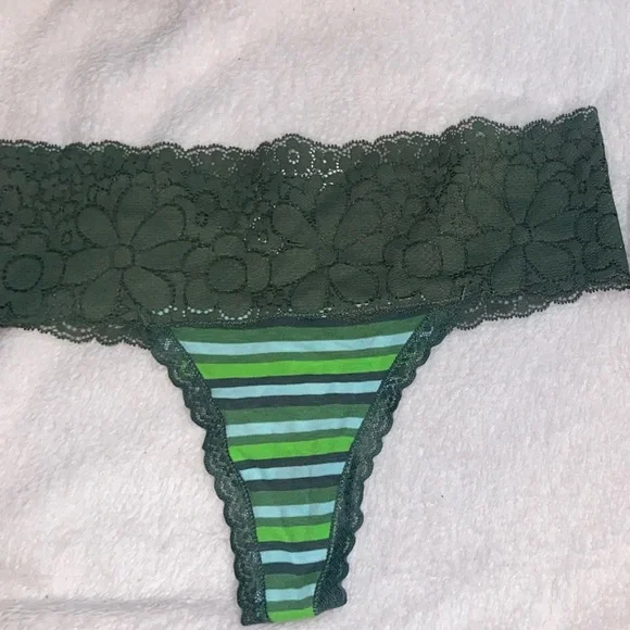 AERIE Candy Lace Top Thong Underwear Panties Sz XS Green Stripes 95% Cotton NWT - Picture 1 of 3